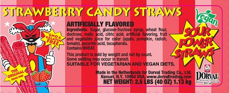 Sour Power Straws strawberry-flavoured candy in a clear plastic tub, 200-piece pack