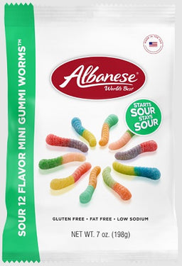 Albanese sour gummy worms in 7 oz peg bag, 12-flavor assortment