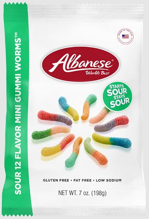 Albanese sour gummy worms in 7 oz peg bag, 12-flavor assortment