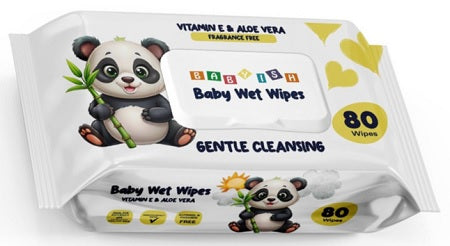Box of Babyish baby wipes, 80-count white wipes