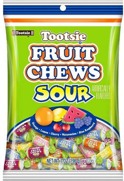 Tootsie Fruit Chews Sour 7oz peg bag, case of 8 bags
