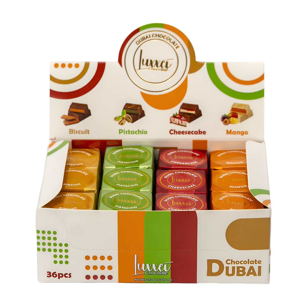 Luxxei Dubai Bar 20g chocolate bars in assorted flavours, case packaging