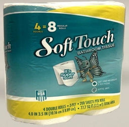Package of 4-roll soft-touch bath tissue, retail-ready 4-roll pack