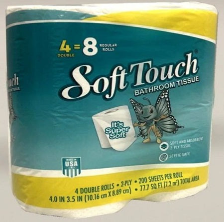 Package of 4-roll soft-touch bath tissue, retail-ready 4-roll pack