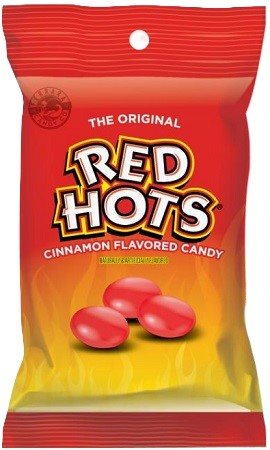 Red Hots 2 oz peg bag, cinnamon candy in red pellets