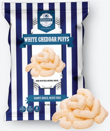 Grandpapa's White Cheddar Puffs box, 3 oz size