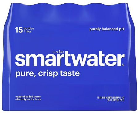 Smartwater 1-liter bottle, 33.8 oz purified water with electrolytes