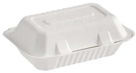 Stack of white fiber clamshell food containers, 9x6 inch medium size