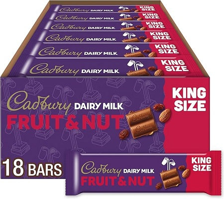 Cadbury Fruit & Nut king-size chocolate bar, 76.5g wrapper displayed