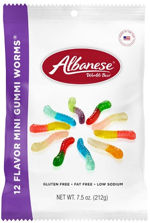 Albanese 12 Flavor Mini Gummi Worms in 7.5 oz PEG bag