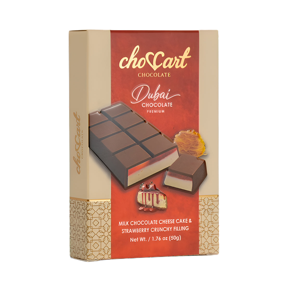 ChocCart Dubai Bar 50g strawberry cheesecake chocolate bar, individually wrapped
