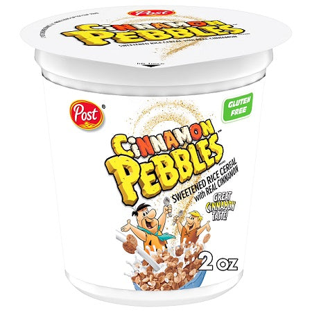 Box of 12 individual 2 oz Cinnamon Pebbles cereal cups