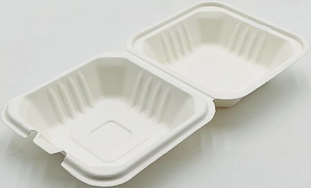 Fiber Rest 6-inch small clamshell container, natural fiber material, open view
