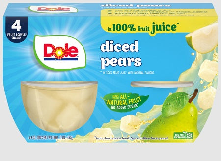 Dole Diced Pears Juice 4oz cans, case pack of 24 units