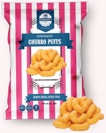 Grandpapa's Cinnamon Churro Puffs box, 3 oz, case of 16 units