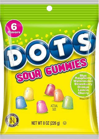 DOTS Sour 8oz peg bag candy package