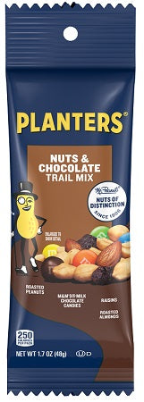 Planters Trail Mix Nuts & Chocolate 1.7 oz tube with nuts and chocolate pieces visible