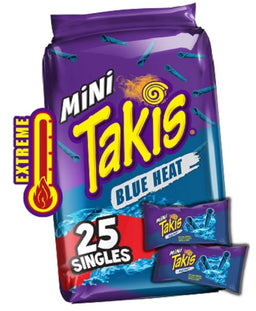 Takis Mini Blue Heat 1.23 oz bag, rolled tortilla chips in blue packaging