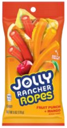 JOL Ranch Peg Ropes Fruit Punch and Mango candy, 12-unit box display format
