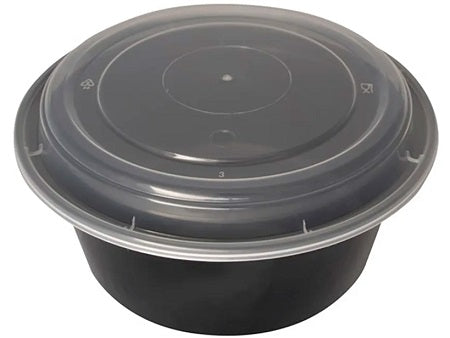 Clear plastic round carryout container, 9 inches diameter, 48 oz capacity