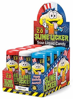 Slime Licker 2.0 sour candy bottles in red, white, and blue packaging, 2 oz size