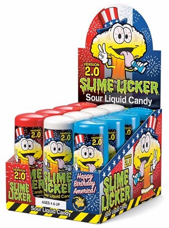 Slime Licker 2.0 sour candy bottles in red, white, and blue packaging, 2 oz size