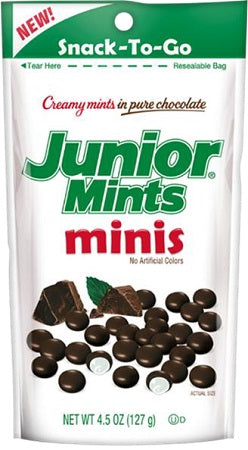 Junior Mints Minis 4.5 oz pouch, chocolate peppermint candy in retail packaging