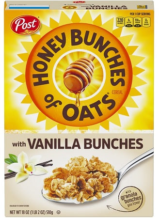 Honey Bunches of Oats Vanilla cereal box, 18 oz