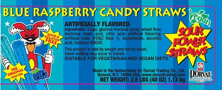 Sour Power Straws blue raspberry flavour in clear plastic tub, 200-count