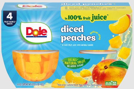Dole diced peaches in juice, 4 oz clear plastic cup with branded label
