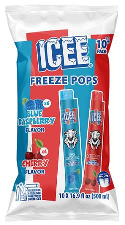 ICEE Freeze Pops box showing blue raspberry and cherry flavour varieties, 10-count pack