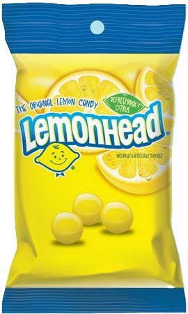 Lemonhead 2 oz peg bag candy, yellow packaging with lemon branding