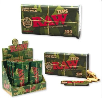 RAW TIPS PREROLLED CAMO TIN 100CT Smoker Accessories Wholesale Distributor in Montreal Quebec
