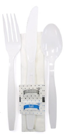 Black plastic cutlery kit with fork, knife, spoon, and three additional utensils