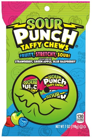Sour Punch Taffy Chews 7 oz peg bag with colorful candy visible through packaging