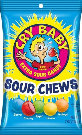 Cry Baby Sour Chews 7 oz peg bag, case of 8 units.