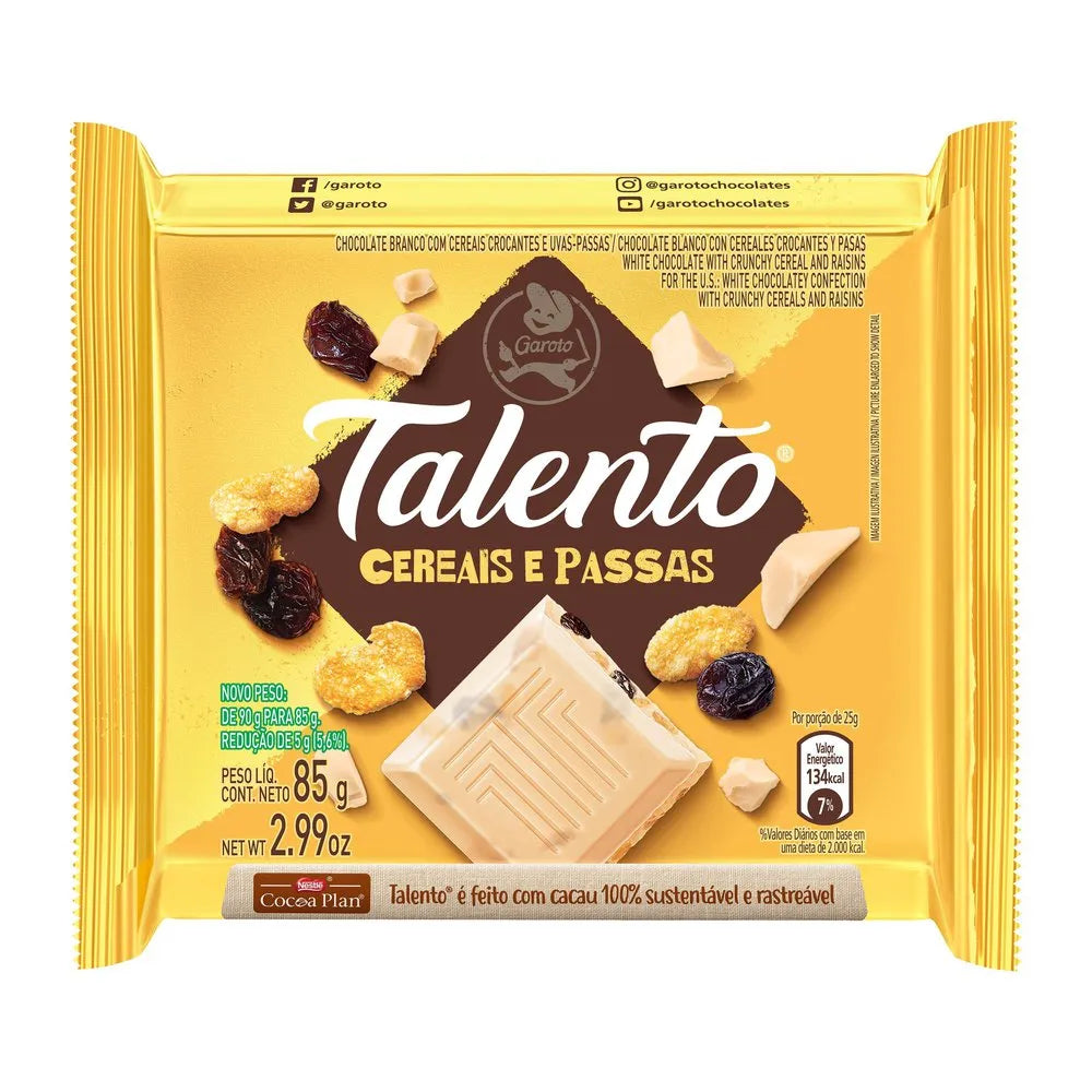 TALENTO MILK CHOCOLATE WITH CEREALS AND RAISINS 85 g (8 Boxes of 12 Units) Import Export Trading Company Montreal Quebec Canada