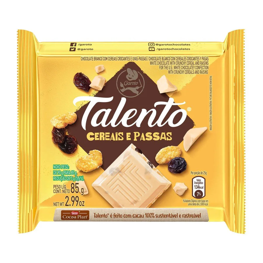 TALENTO MILK CHOCOLATE WITH CEREALS AND RAISINS 85 g (8 Boxes of 12 Units) Import Export Trading Company Montreal Quebec Canada