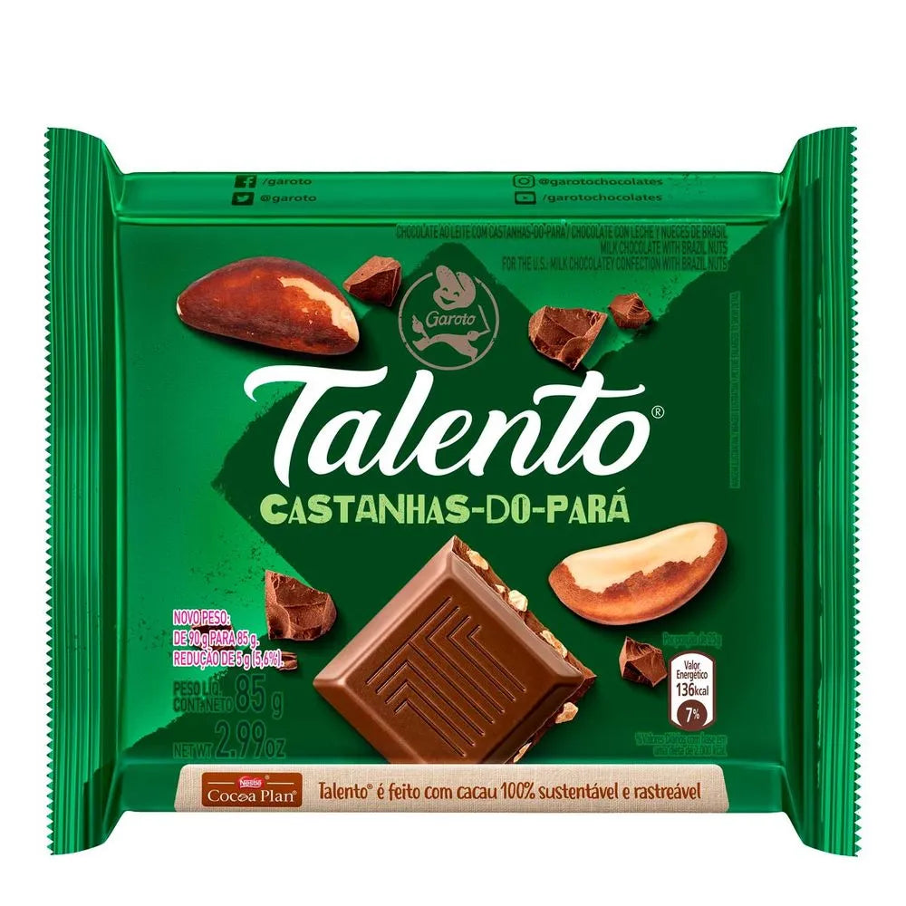 TALENTO MILK CHOCOLATE WITH BRAZIL NUTS 85 g (8 Boxes of 12 Units) Import Export Trading Company Montreal Quebec Canada