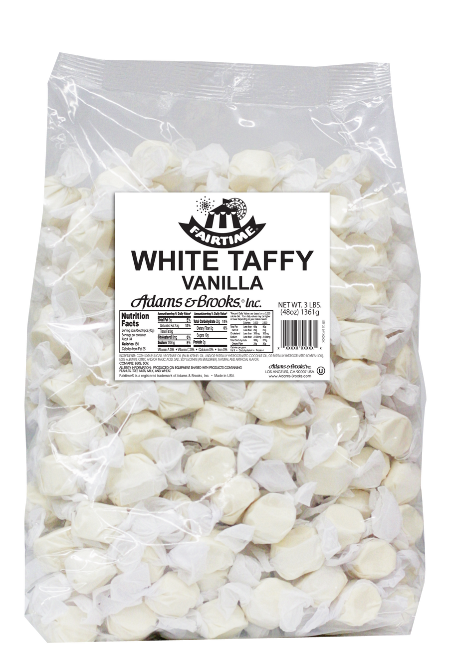 Fairtime white taffy, bulk 3 lb bag, made in USA