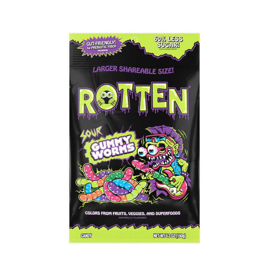 Rotten Sour Gummy Worms, 5.3 oz bag, made in Mexico