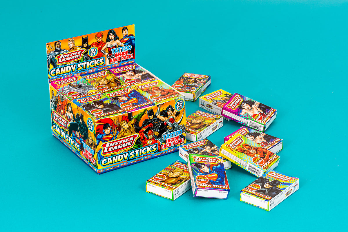 World Justice League candy sticks with tattoo, 0.52 oz, made in Colombia