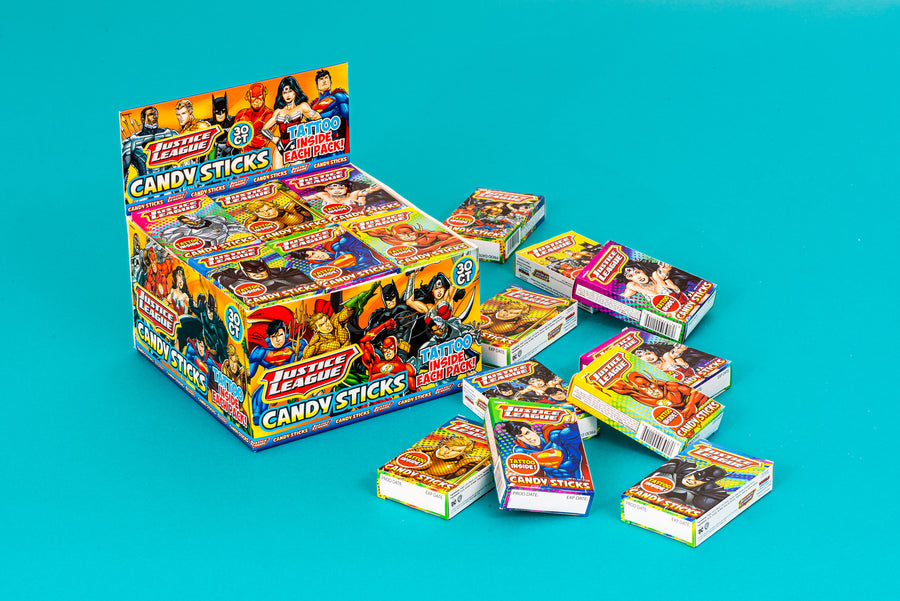World Justice League candy sticks with tattoo, 0.52 oz, made in Colombia