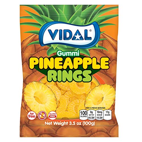Vidal pineapple rings peg bag gummi candy, 3.5 oz, made in Spain
