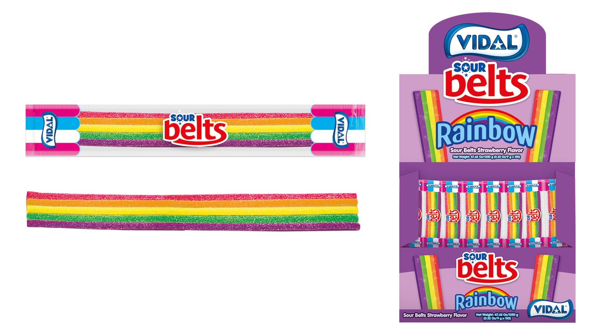 Vidal sour rainbow belts individually wrapped, 0.32 oz each, made in Spain