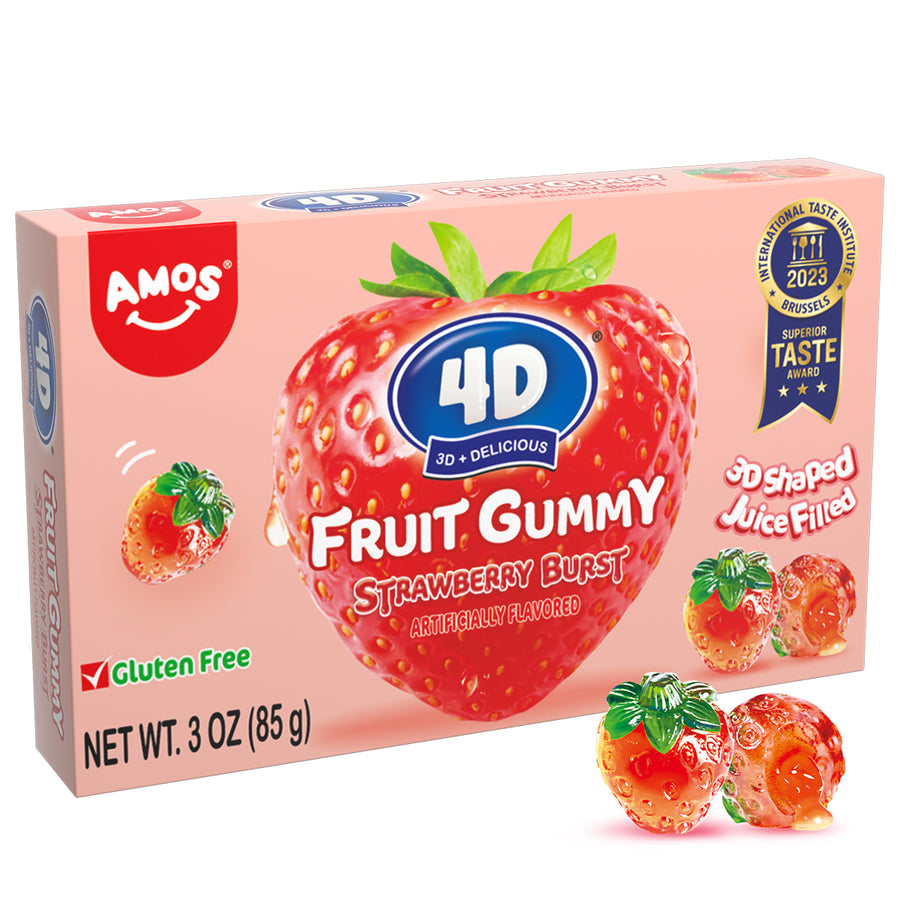AMOS 4D FRUIT GUMMY STRAWBERRY BURST Theater Box, 3 oz (85 G), made in China