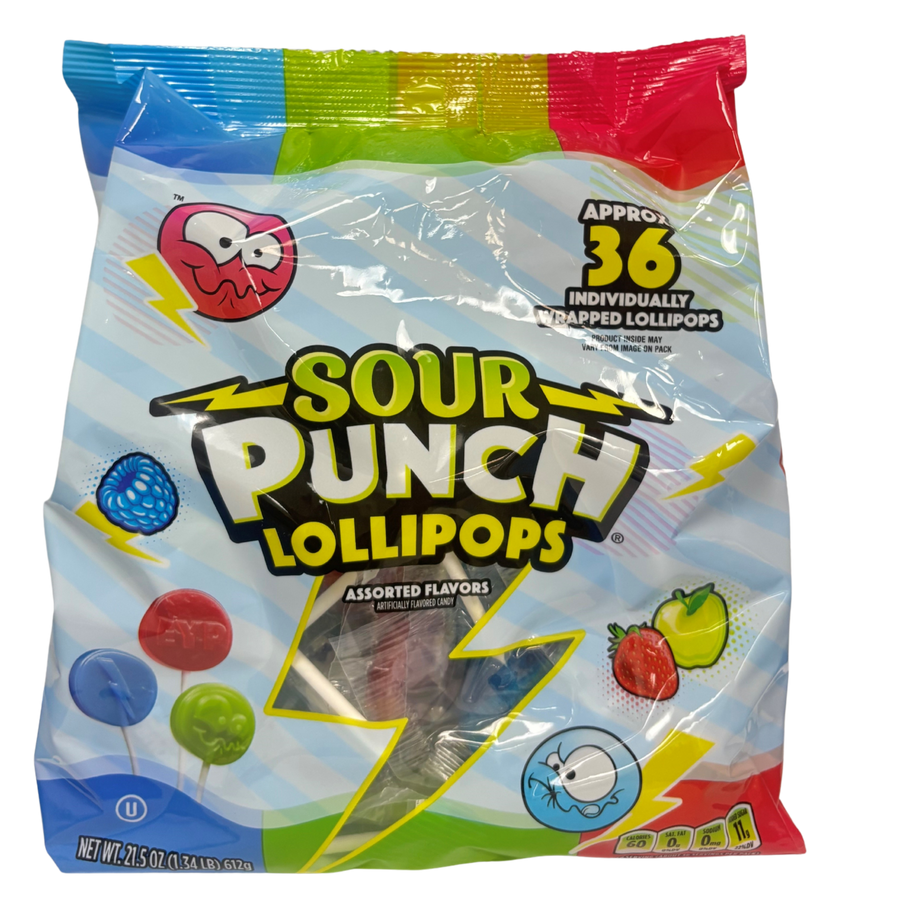 Sour Punch Pops 36-count stand-up bag, 21 oz, made in USA