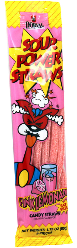 Dorval Sour Power pink lemonade chewy sour straws, 1.75 oz, made in Netherlands