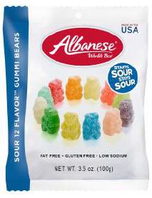 Albanese 12 Flavour Sour Gummi Bears 3.5 oz peg bag, gummi candy, made in USA
