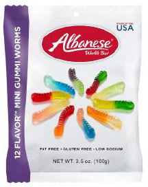 Albanese 12 Flavour Mini Gummi Worms 3.5 oz peg bag, gummi candy, made in USA